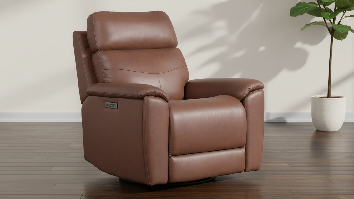 Sillón reclinable giratorio con reposapiés «Perfect Match» de cuero marrón nogal refinado – Sillón tapizado para salón | Gallery Furniture