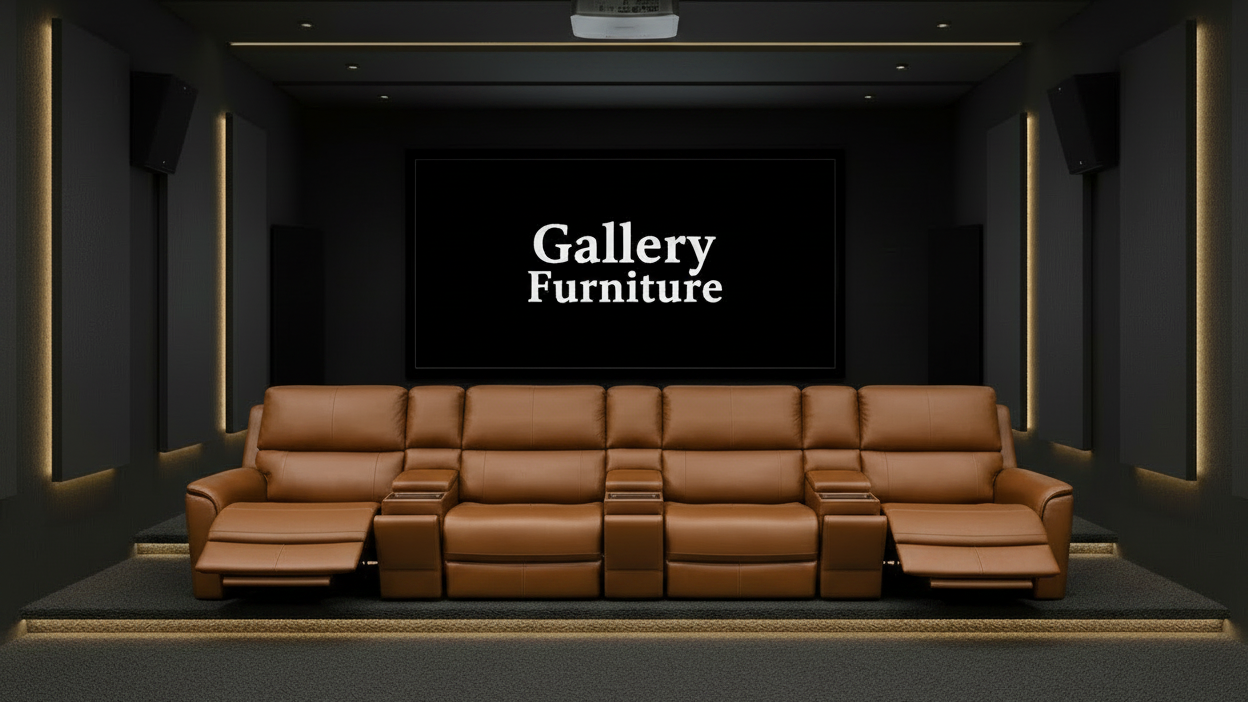 Brown leather sofa in a dark room with 'Gallery Furniture' branding.