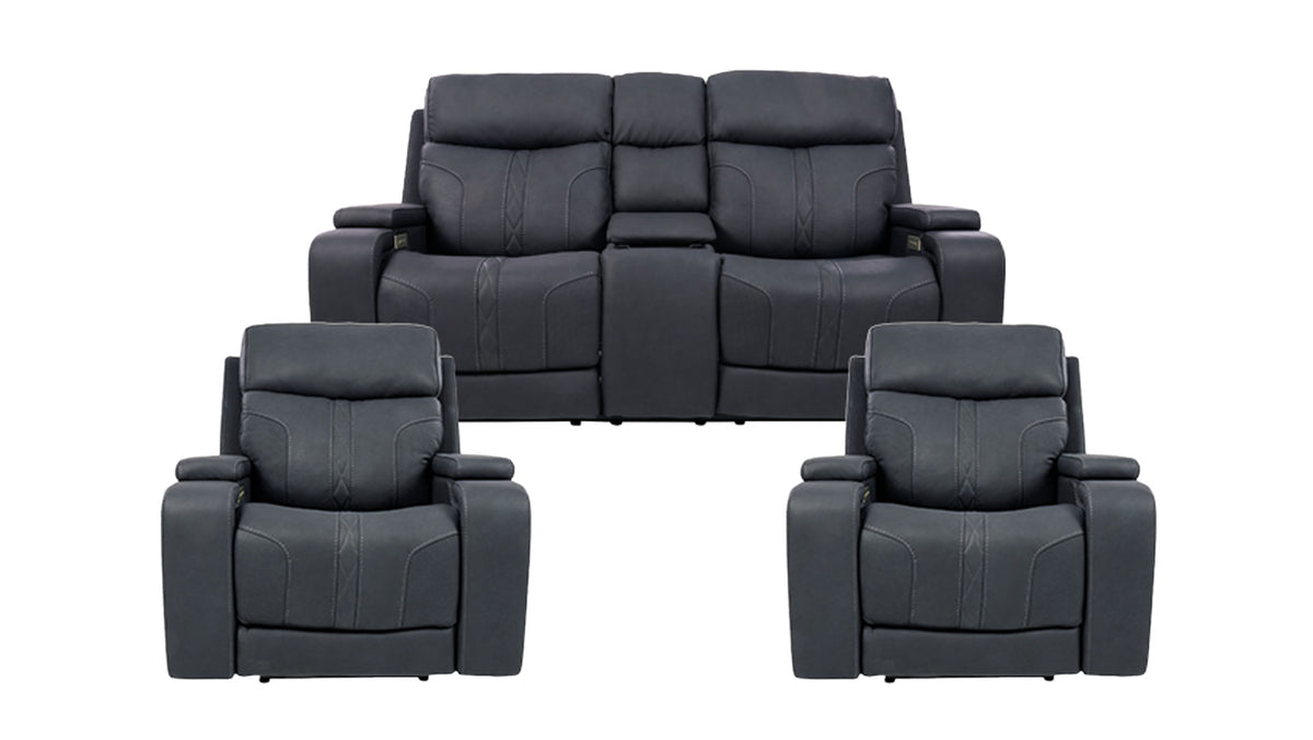 3pc Indigo Power Reclining Loveseat & 2 Power Recliners