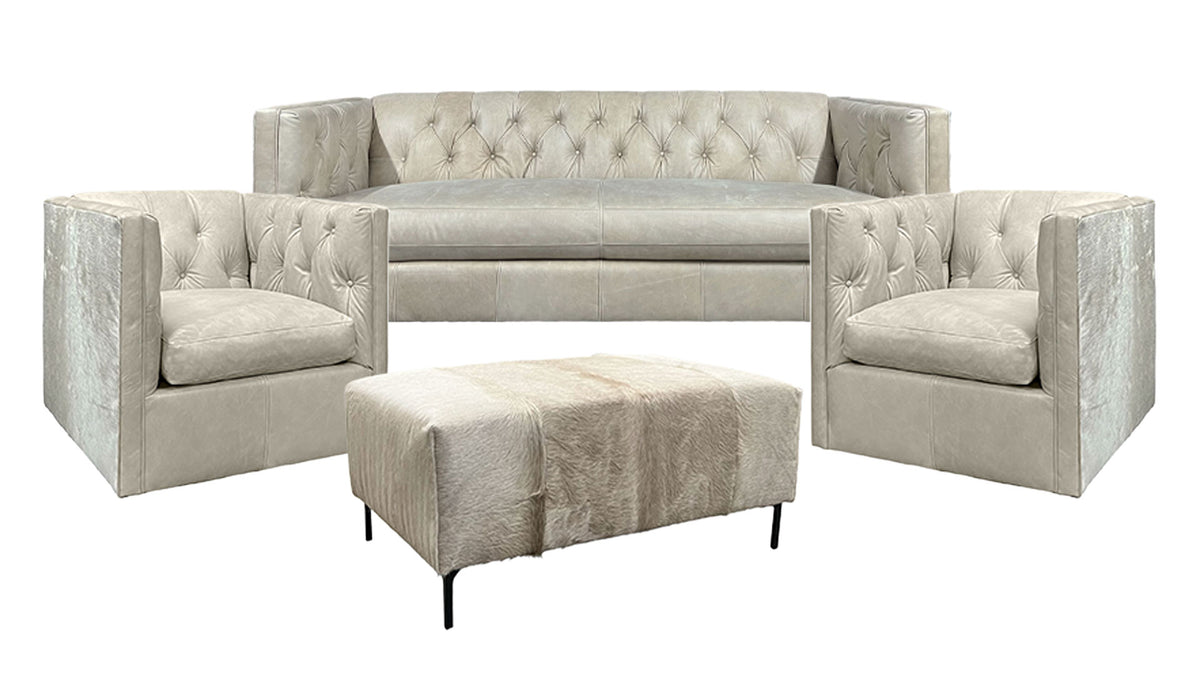 Bermuda Champagne Hair On Hide Leather Sofa, 2 Swivel Chairs & Ottoman By Mayo