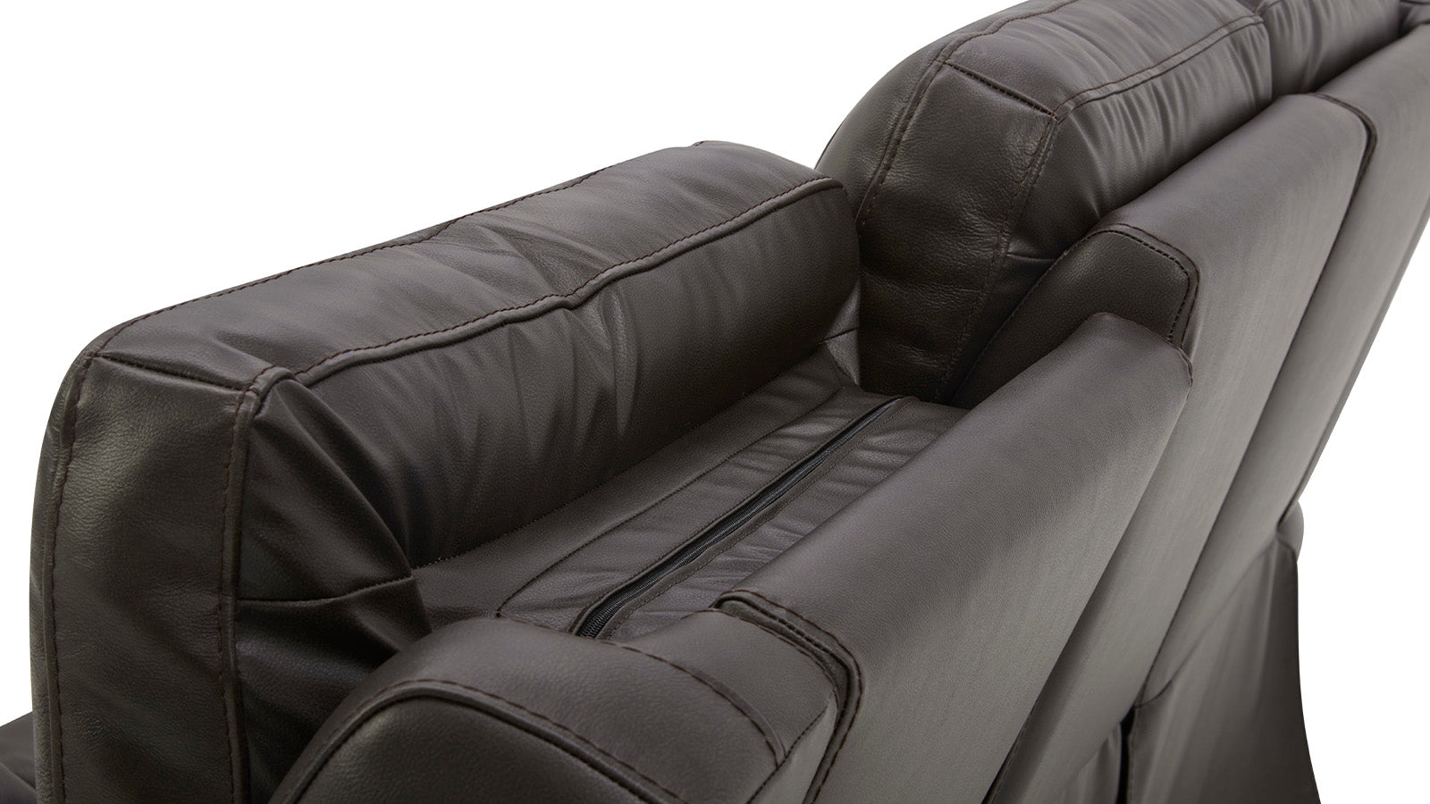 Close-up of a black leather sofa with visible stitching on a white background