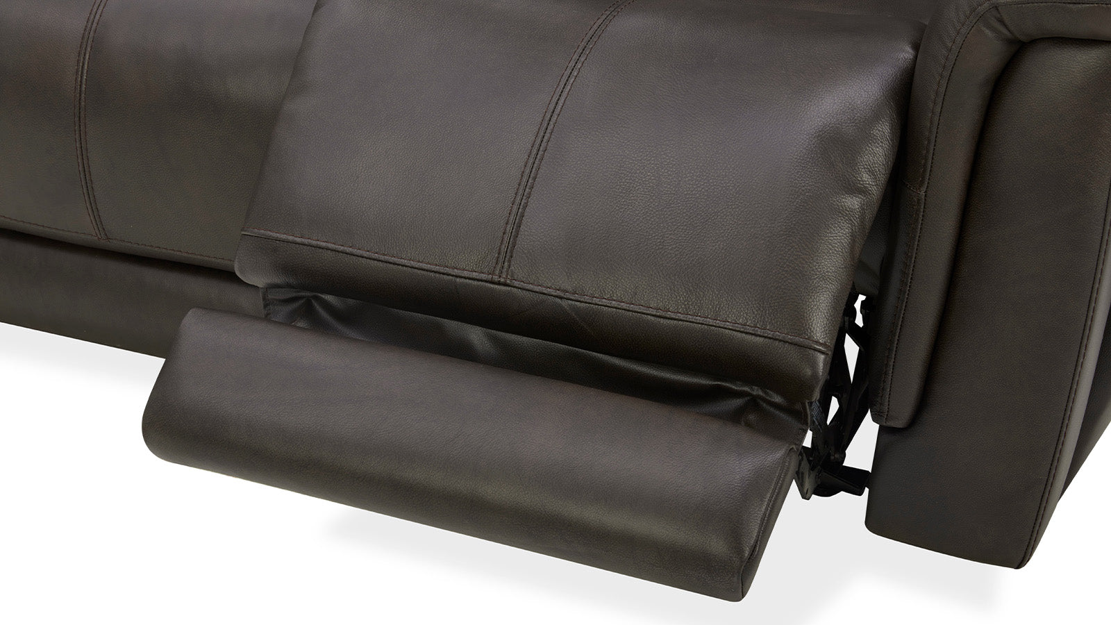Close-up of a black leather recliner sofa on a white background