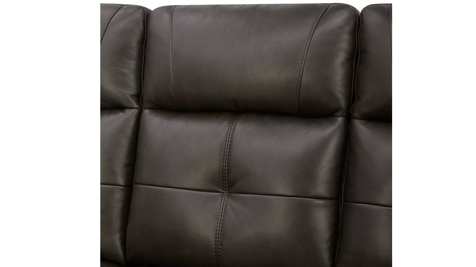 Close-up of a dark brown leather sofa with visible stitching on a white background