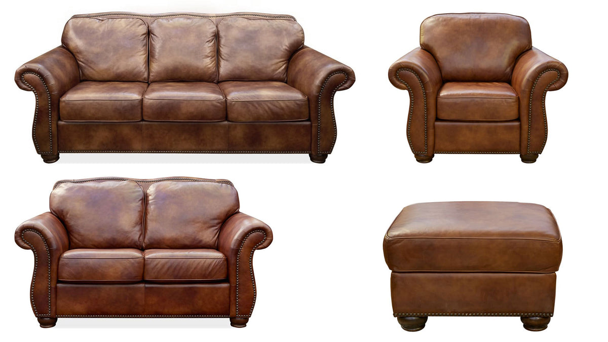 4 Pc Navasota Molasses Leather Living Room Set (Sofa, Loveseat, Chair, & Ottoman)