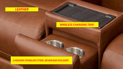 Close-up detail of saddle brown top grain leather upholstery and stitching on Big Spring sectional
