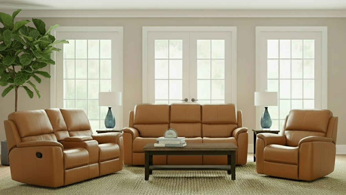 3 Pc Big Spring Saddle Brown Leather P3 Power Reclining Set
