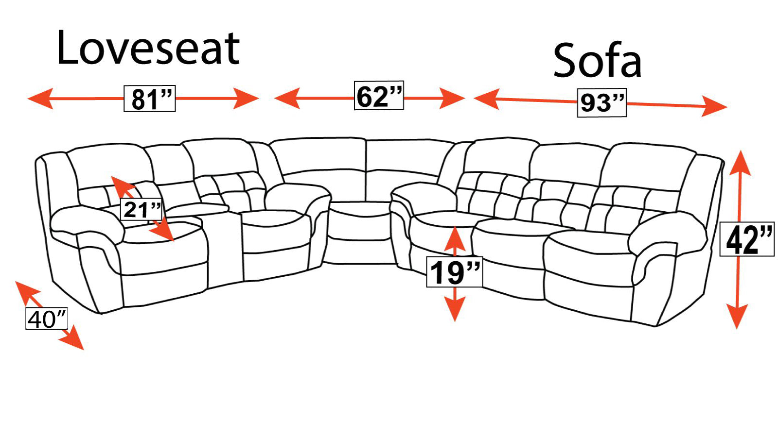line drawing diagram of sofa with measurments