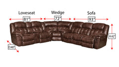 Brown fabric sectional with measurements on a white background