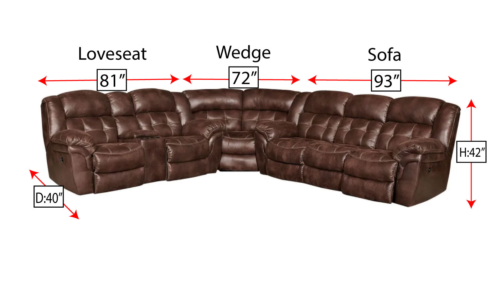 Brown fabric sectional with measurements on a white background