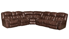 A large, espresso-colored, manual reclining sectional sofa with a contemporary design, featuring plush cushioning and a supportive backrest.