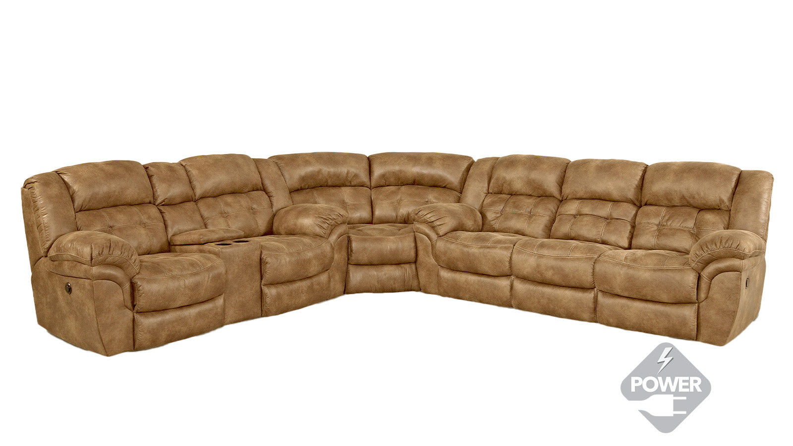 Frontier Almond sectional sofa with reclining seats on a white background