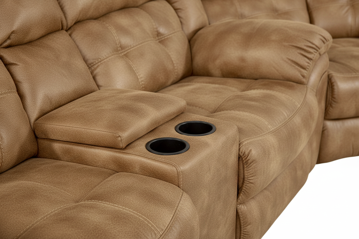 Frontier Almond microfiber sectional sofa with cup holders on a white background