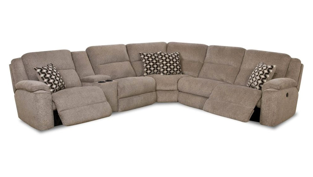 A gray fabric power reclining sectional sofa with integrated USB ports, built-in lighting, and cup holders, featuring a left side facing configuration.