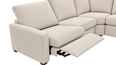 A light beige upholstered sectional sofa with a reclining seat cushion shown extended, photographed on a clean white background.