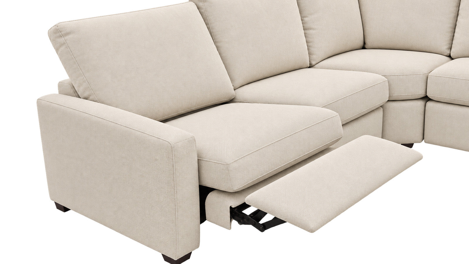 A light beige upholstered sectional sofa with a reclining seat cushion shown extended, photographed on a clean white background.