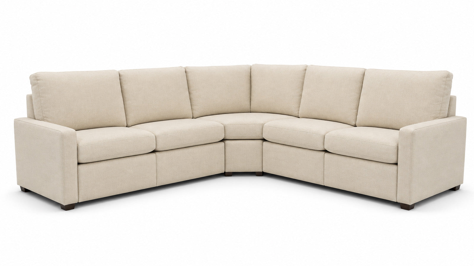 A light beige upholstered sectional sofa with a curved, U-shaped design, shown from a three-quarter angle on a white background.
