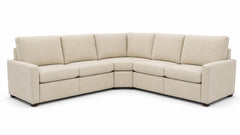 A light beige upholstered sectional sofa with a curved, U-shaped design, shown from a three-quarter angle on a white background.