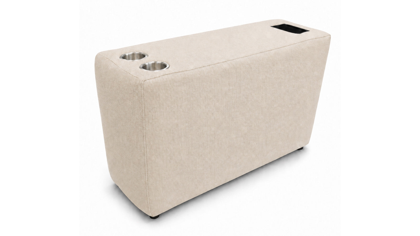 A rectangular beige upholstered ottoman or low table with two metal cup holders on top and a small black rectangular detail on the upper right, shown on a white background.