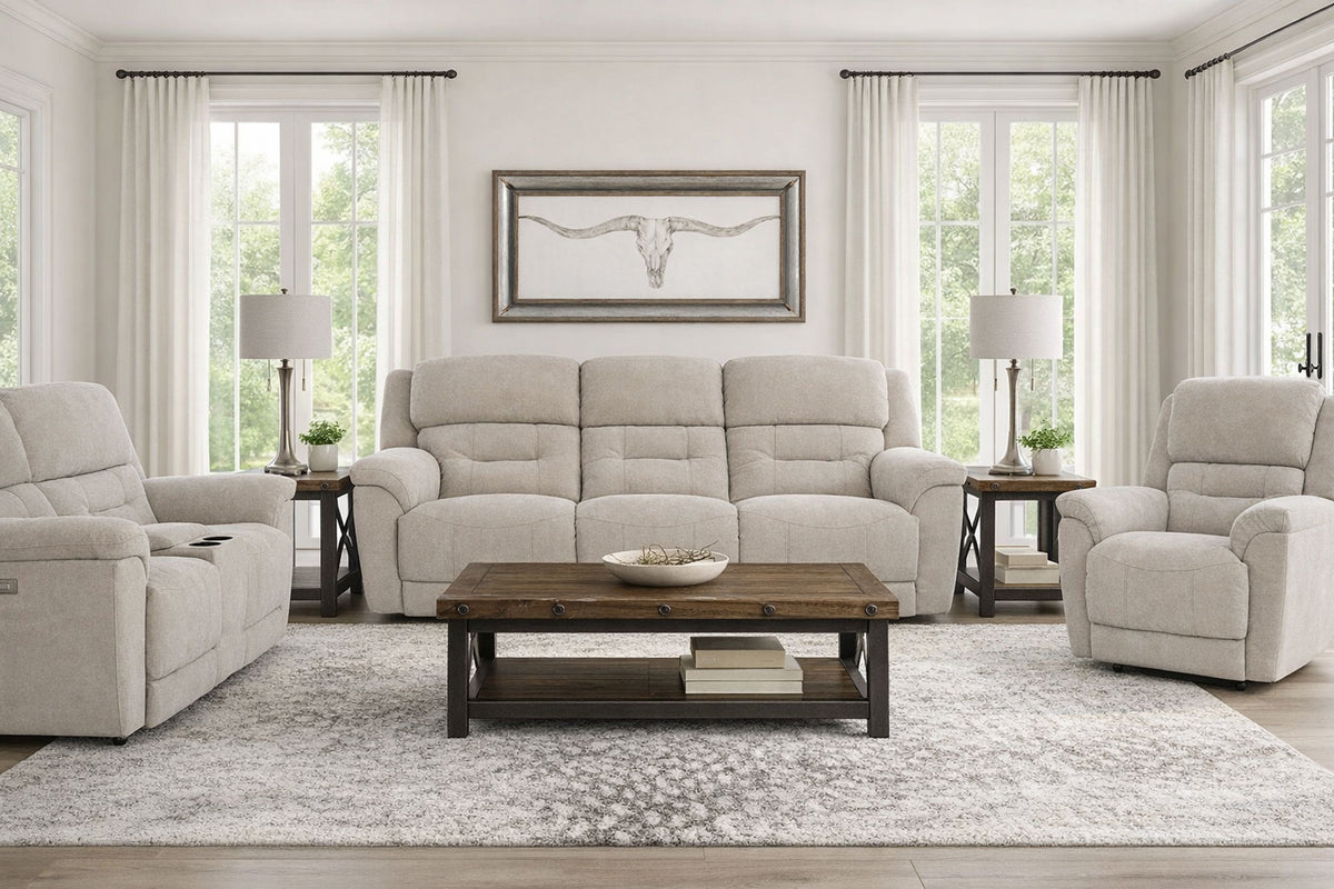 Living room with beige sofa, armchairs, and a wooden coffee table.