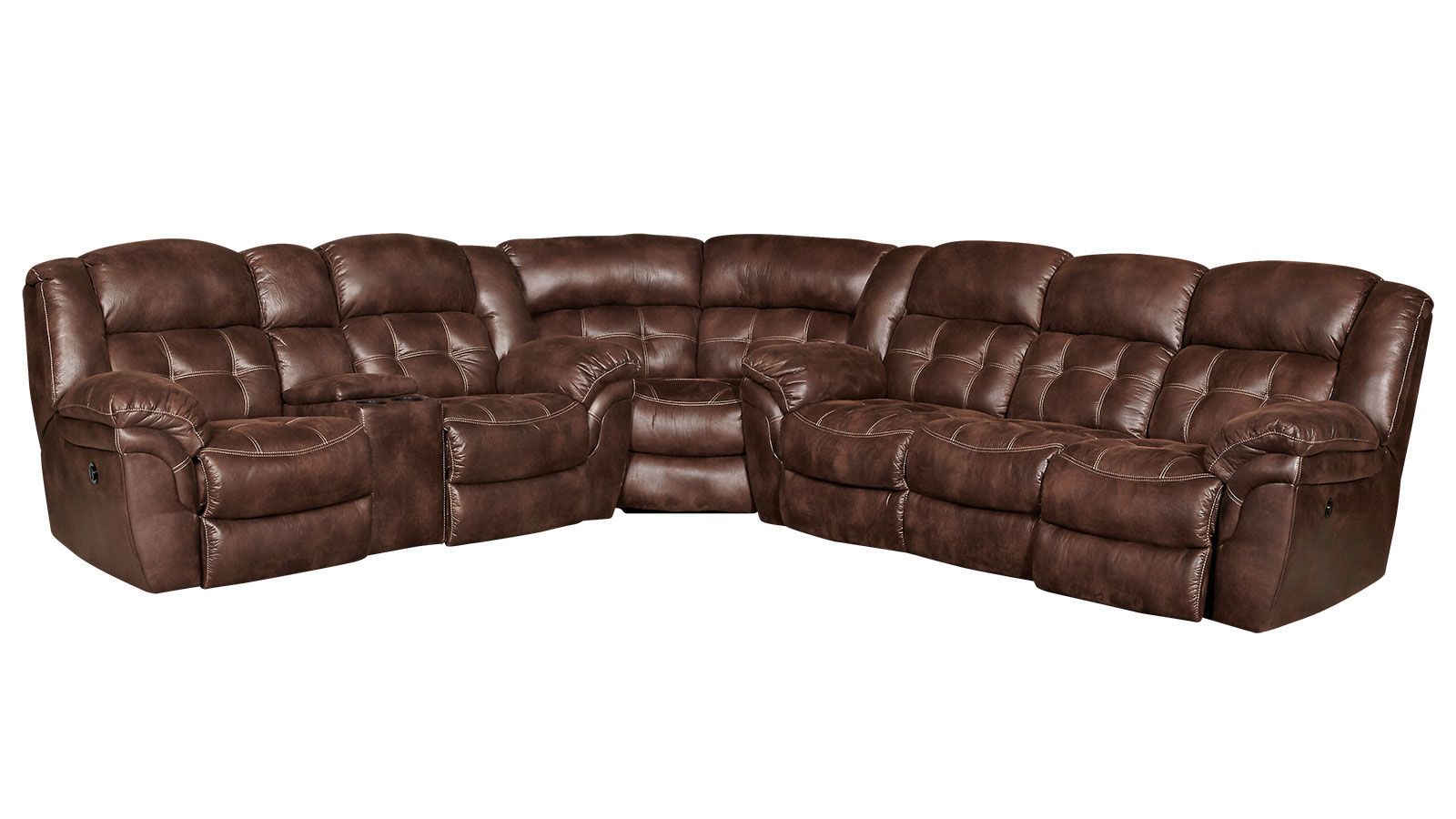 A large espresso brown microfiber power reclining sectional sofa with plush cushioning, featuring a contemporary design with multiple recliner seats and a chaise.