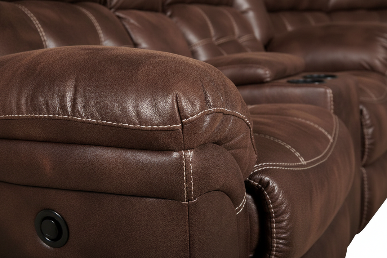 Brown microfiber recliner sofa with visible stitching details