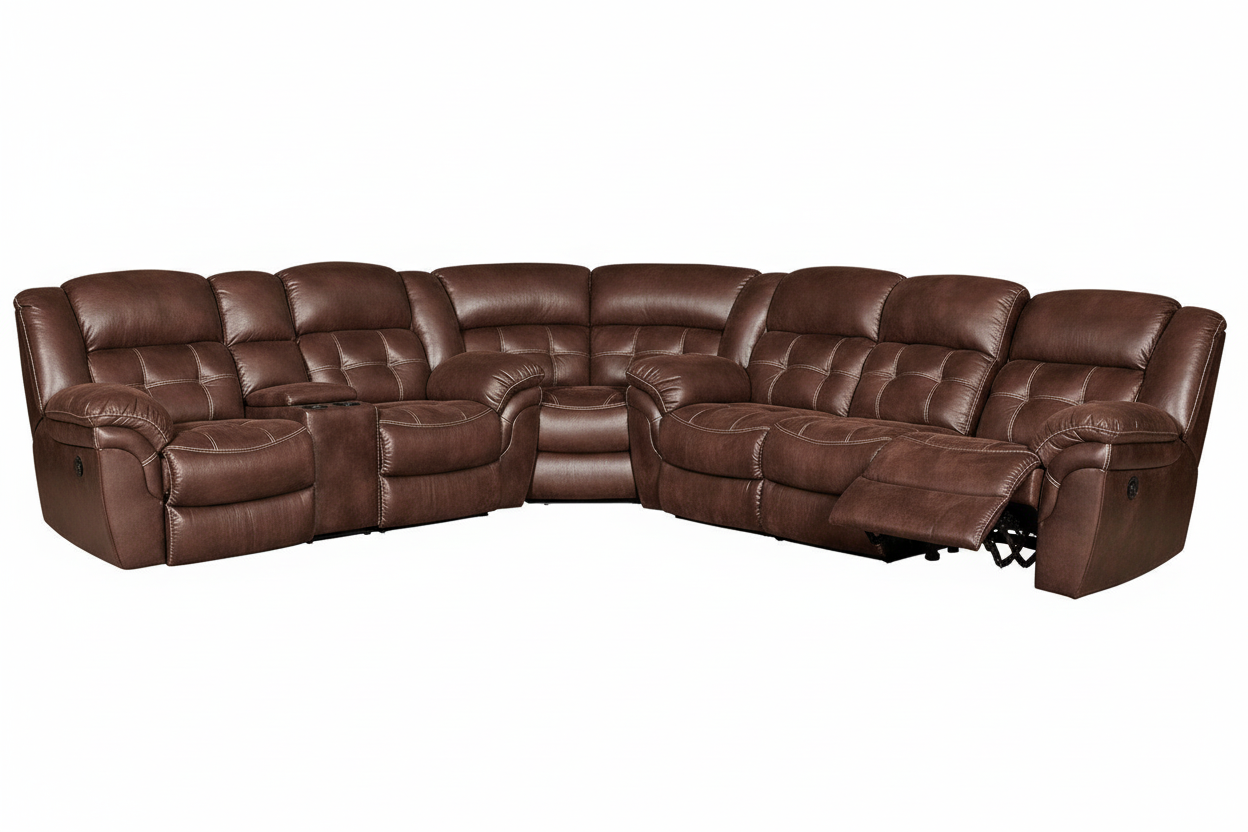 Marcelina brown sectional sofa on a white background with the right side slightly reclined.