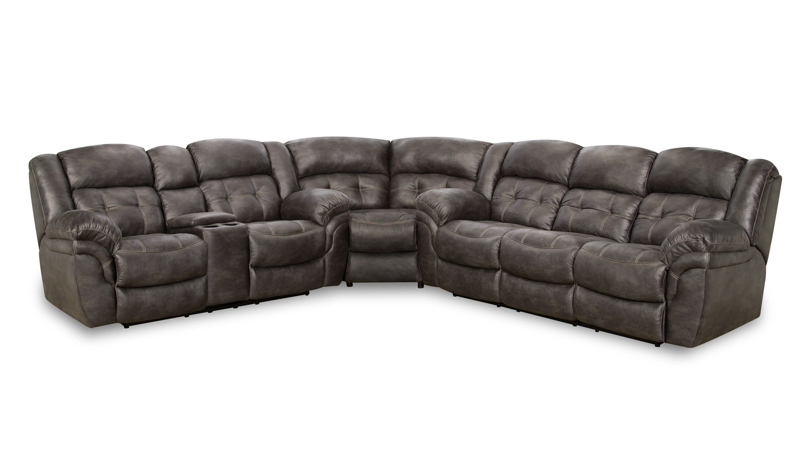 A large, charcoal-colored fabric Marcelina Charcoal manual reclining sectional sofa with a contemporary design.