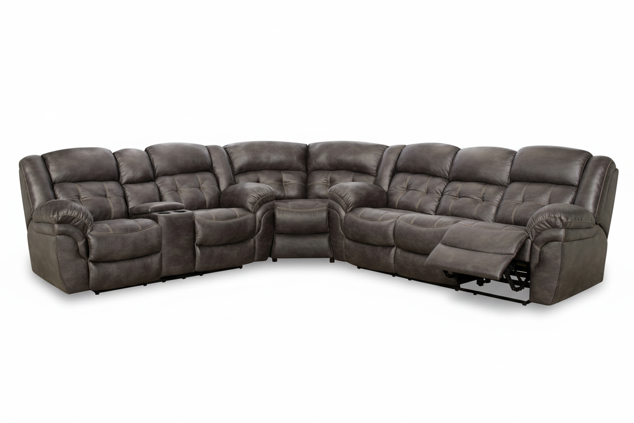 Gray sectional sofa with reclining seats on a white background