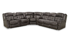 A large charcoal-colored fabric power reclining sectional sofa with a contemporary design, featuring plush cushioning and multiple seating sections.
