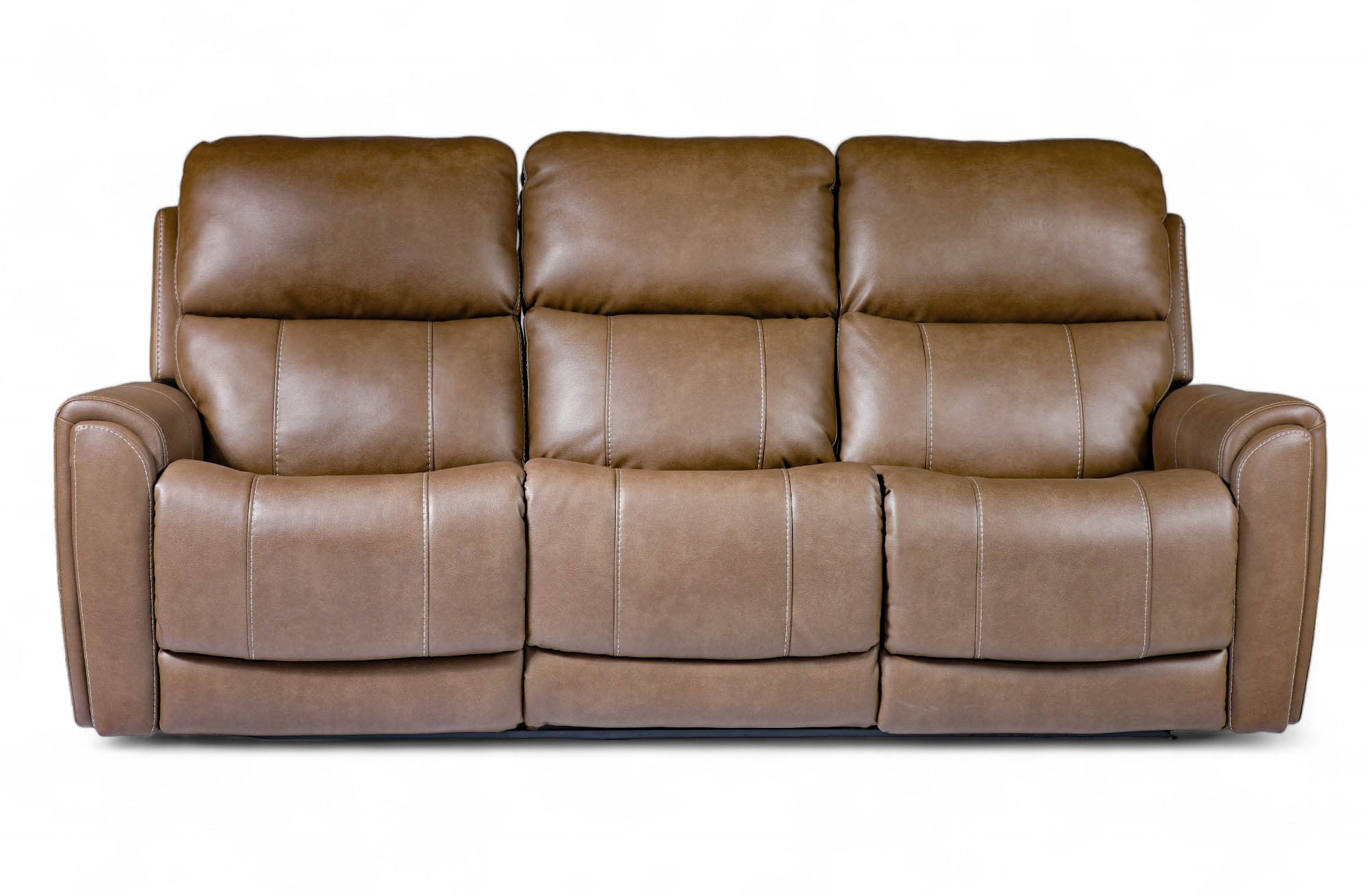 A brown power reclining sofa with flared arms and a durable, easy-to-clean fabric.