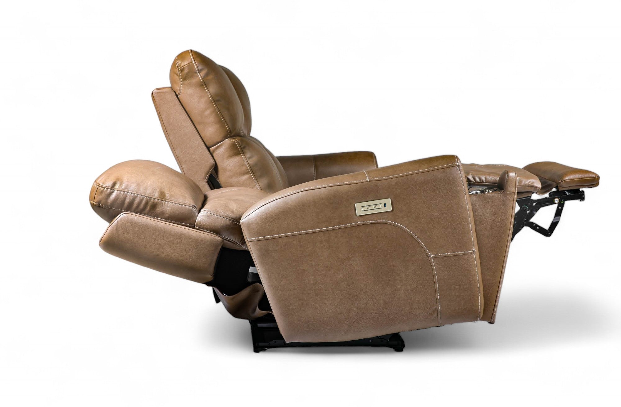 side view of brown leather recliner reclined