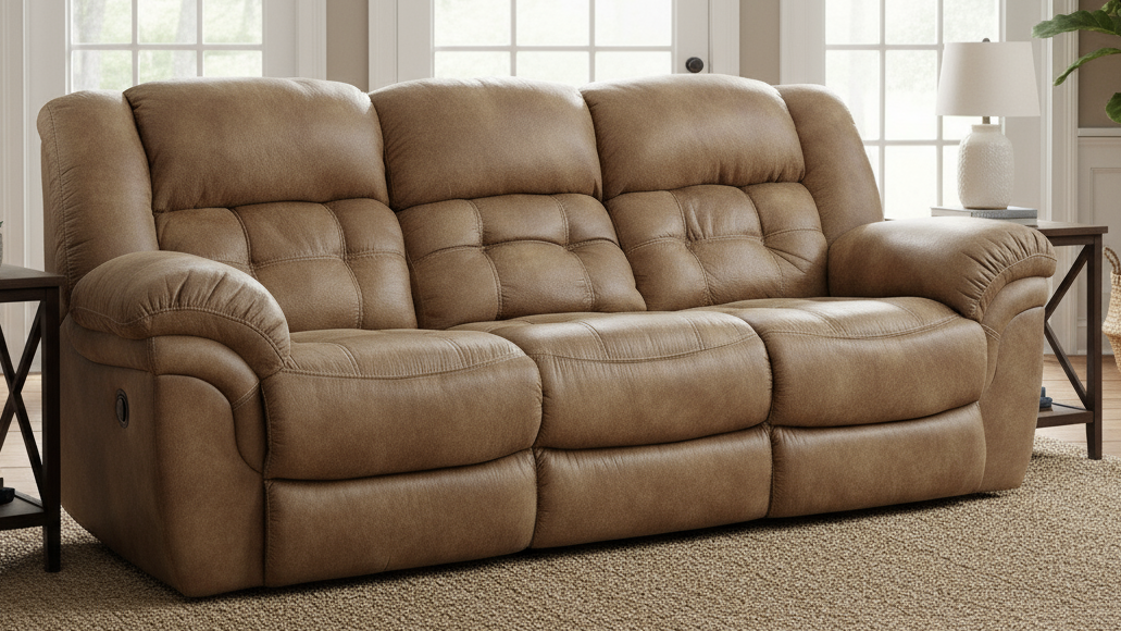 Brown leather sofa in a living room setting with windows and furniture.
