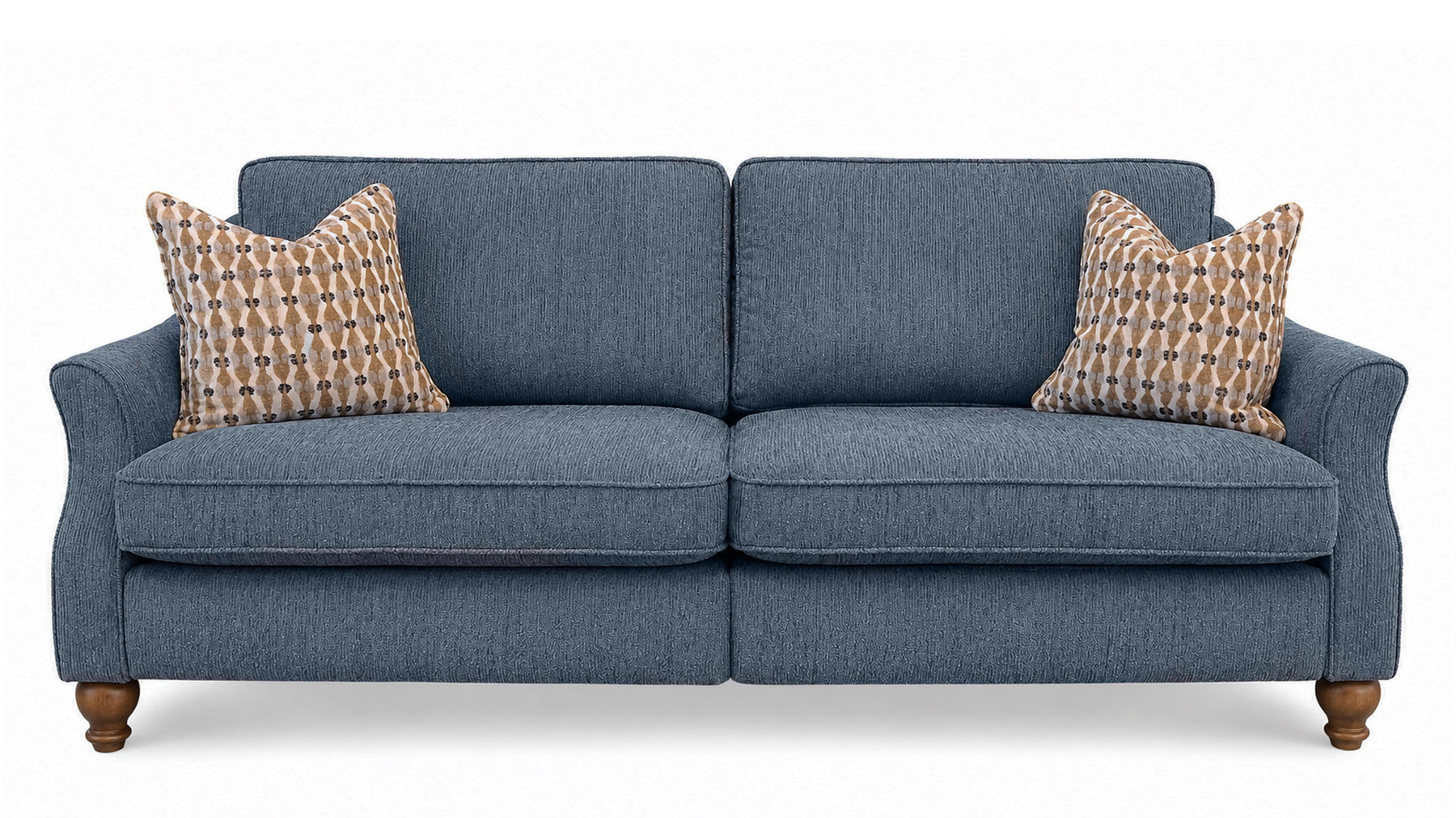 A two-seater loveseat sofa upholstered in textured slate blue fabric, featuring two patterned throw pillows and turned wood legs, shown against a plain white background.