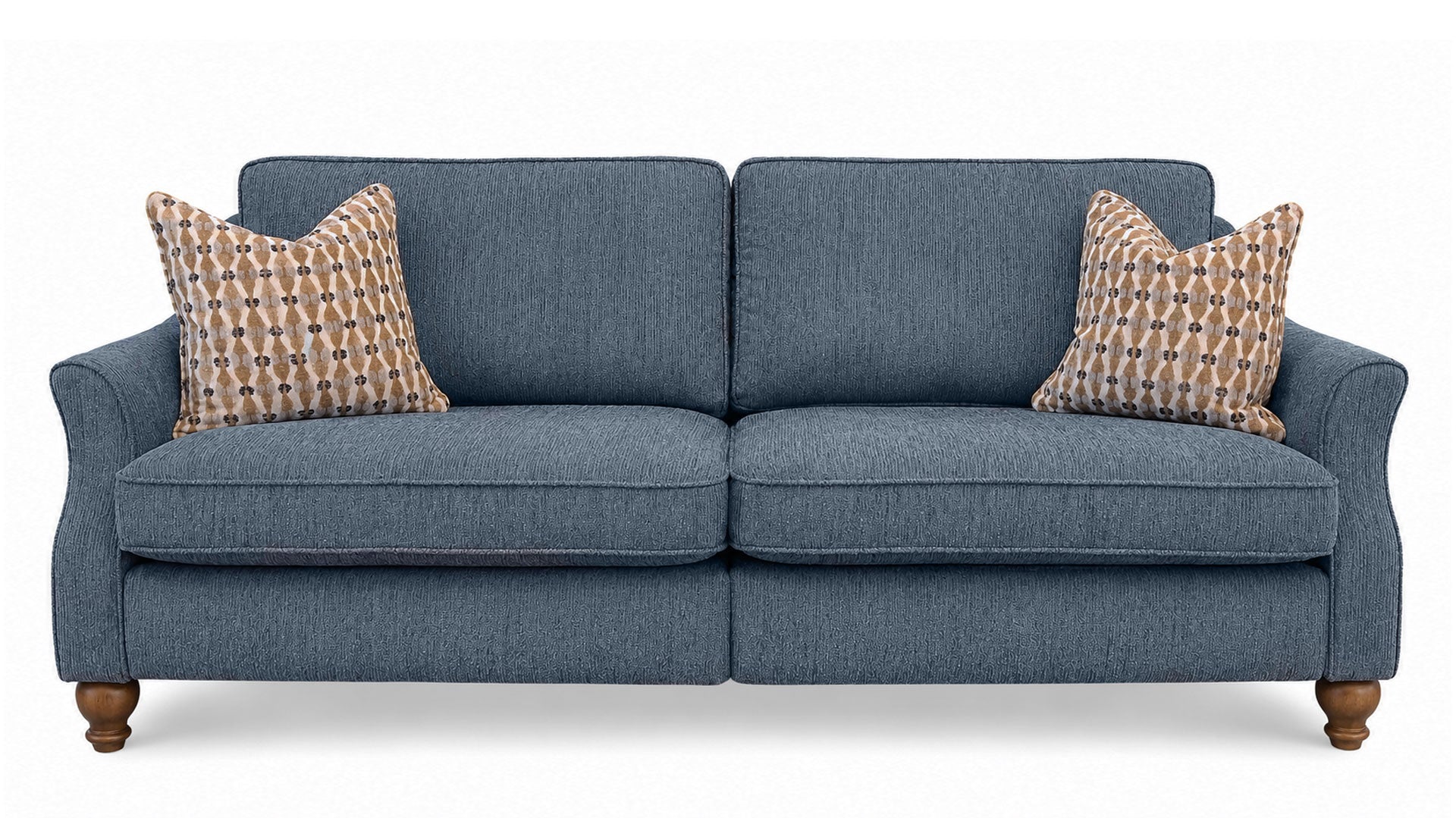 A two-seater loveseat sofa upholstered in textured slate blue fabric, featuring two patterned throw pillows and turned wood legs, shown against a plain white background.
