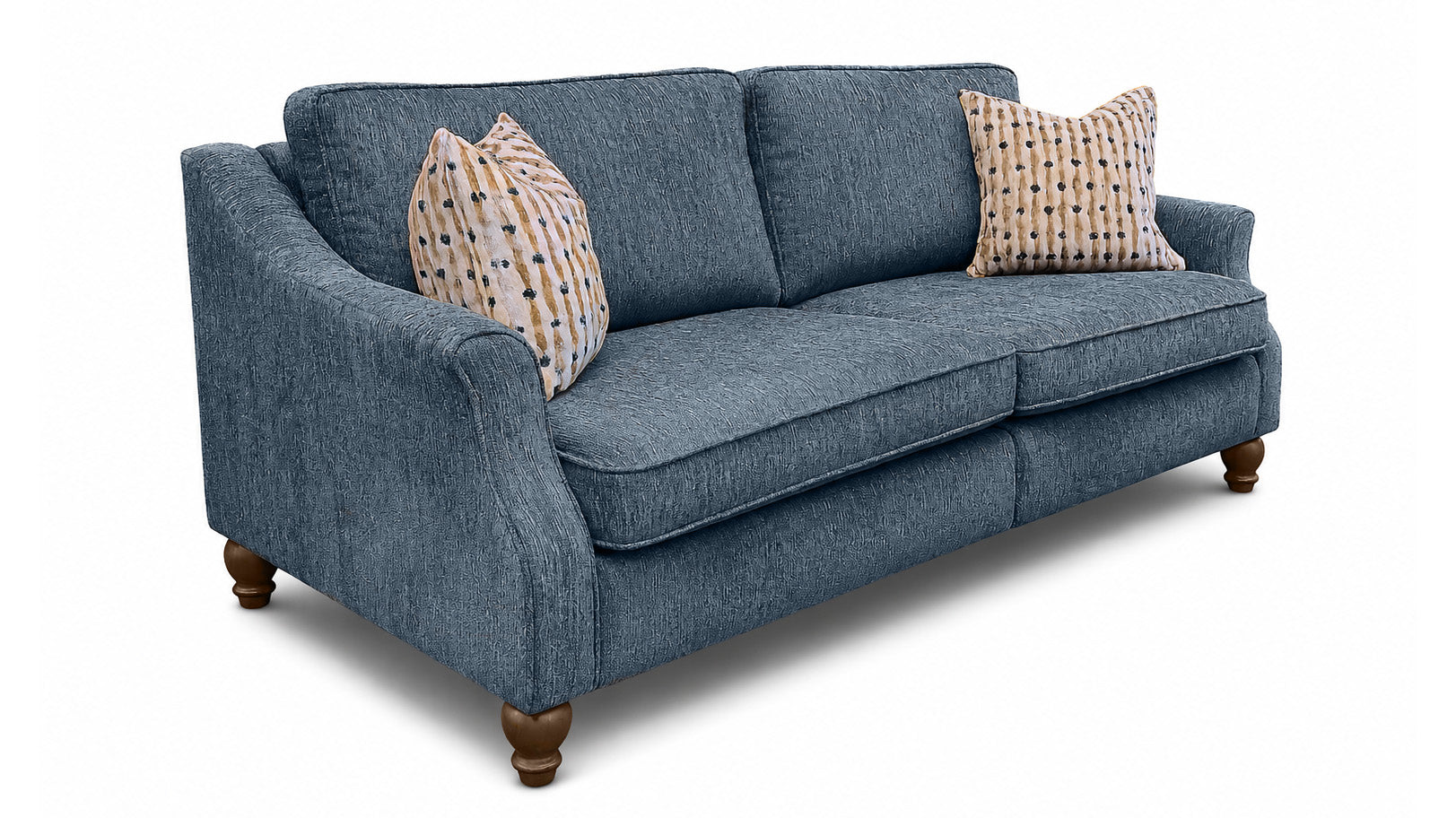 A three-seater loveseat sofa upholstered in textured blue fabric, featuring two patterned throw pillows and turned wooden legs, shown on a white background.