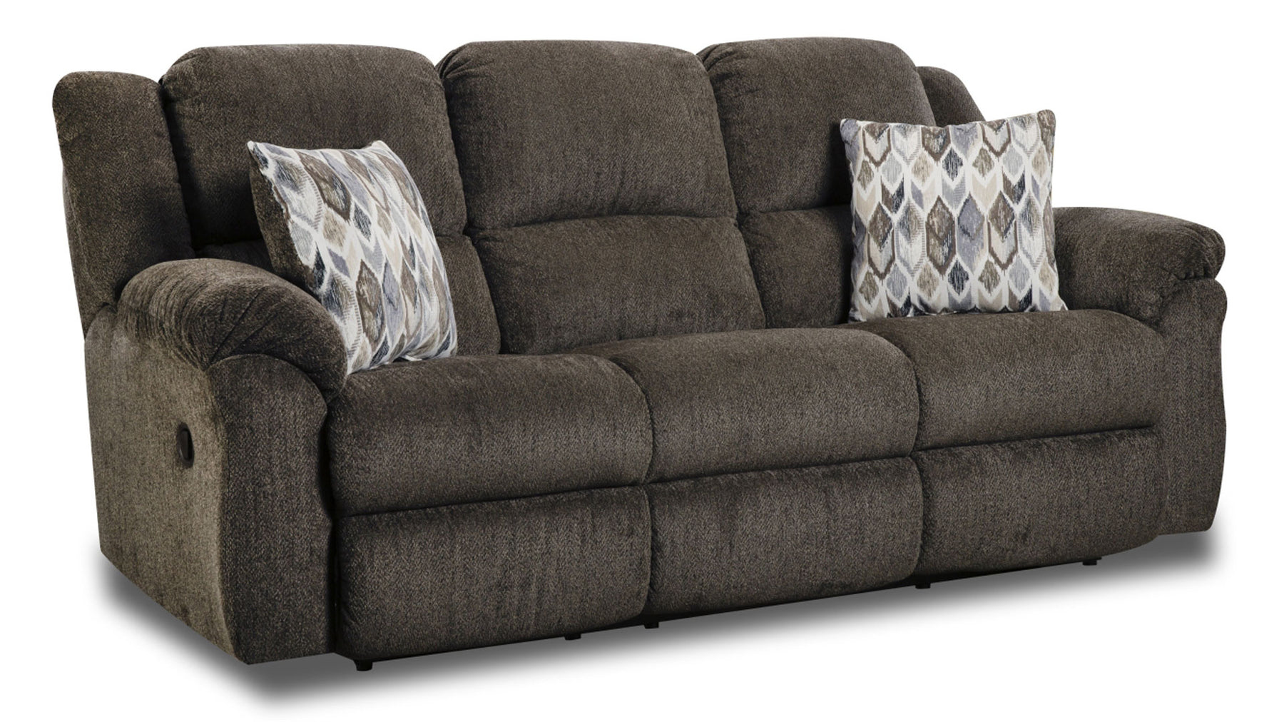 A brown, double reclining sofa with plush, pad-over chaise seating and solid foam arm pads, accompanied by two accent pillows with a geometric pattern.