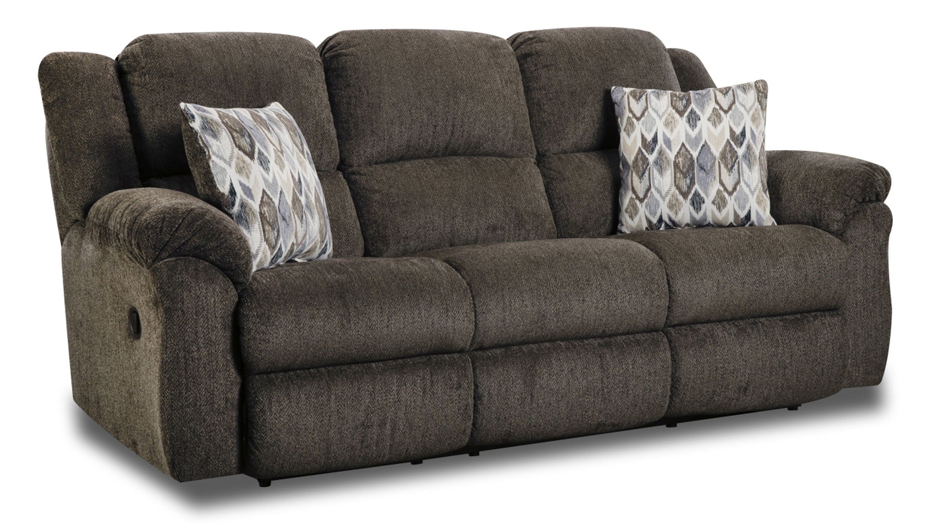 A brown, double reclining sofa with plush, pad-over chaise seating and solid foam arm pads, accompanied by two accent pillows with a geometric pattern.