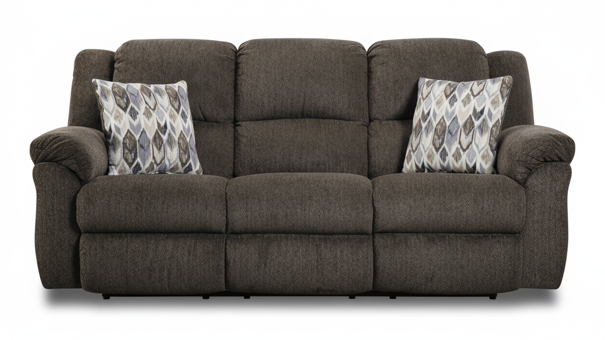 Brown sofa with patterned cushions on a white background