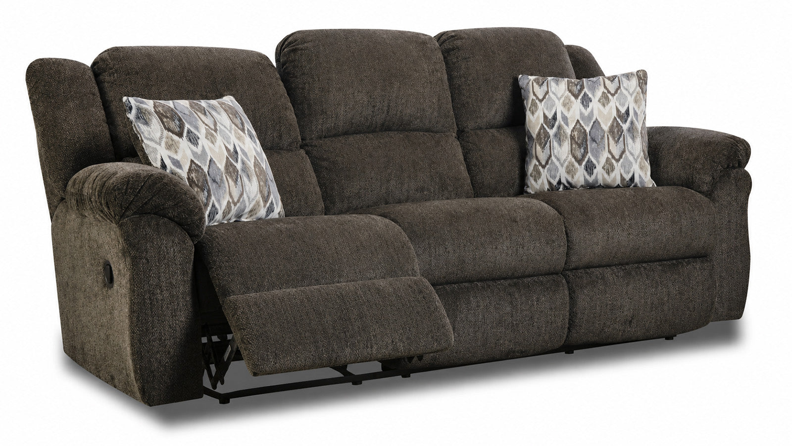 Brown reclining sofa with patterned cushions on a white background