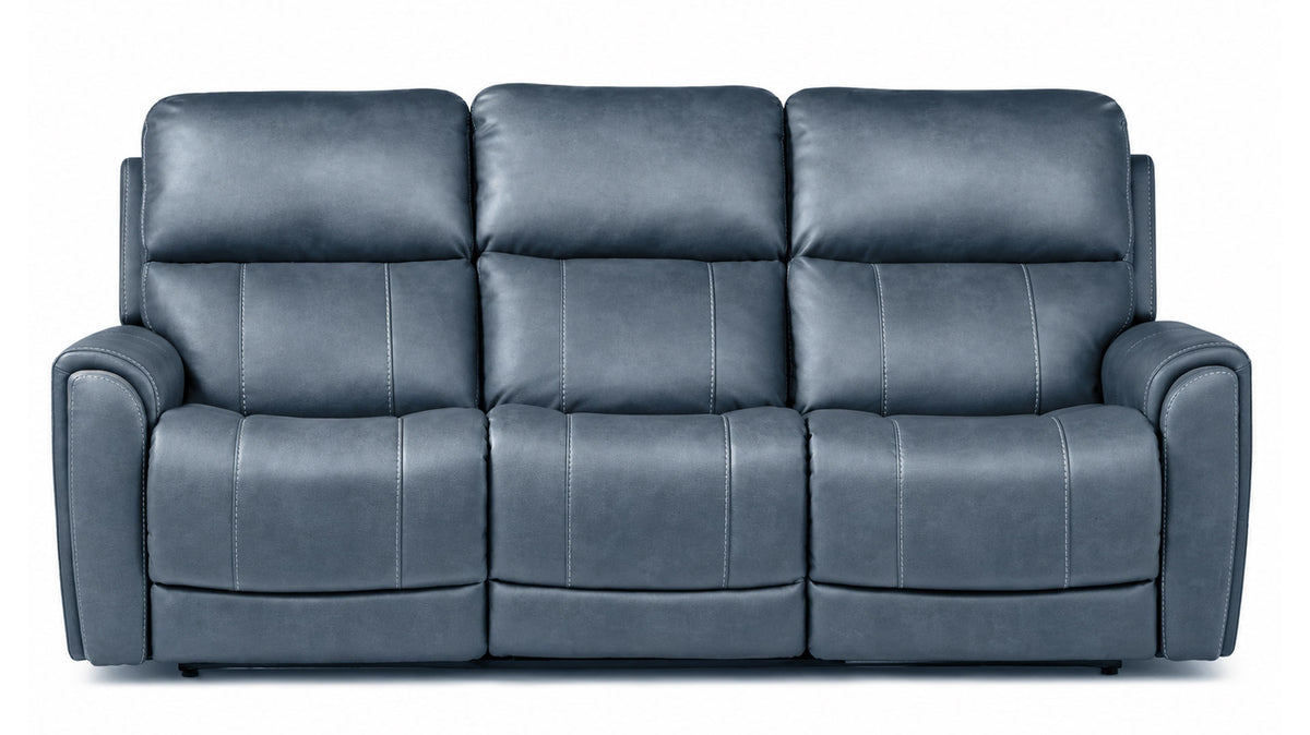 A three-seat power reclining sofa upholstered in dark slate blue leather, shown from a front-facing perspective against a solid white background.