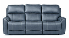 A three-seat power reclining sofa upholstered in dark slate blue leather, shown from a front-facing perspective against a solid white background.