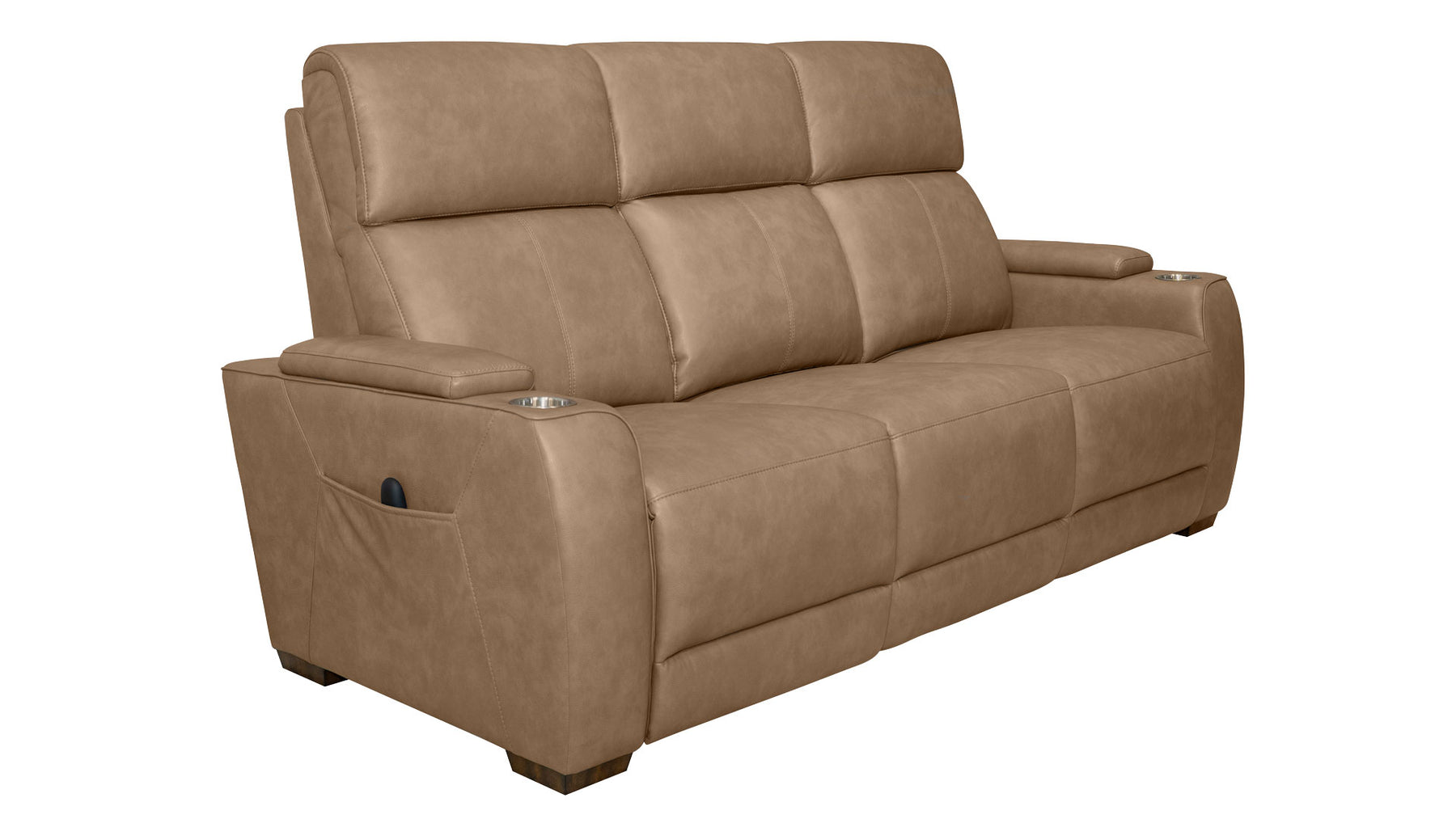A three-seater power reclining sofa upholstered in tan leather, featuring segmented back cushions, side pockets on the outer armrests, and cup holders on the armrests, shown against a plain white background.