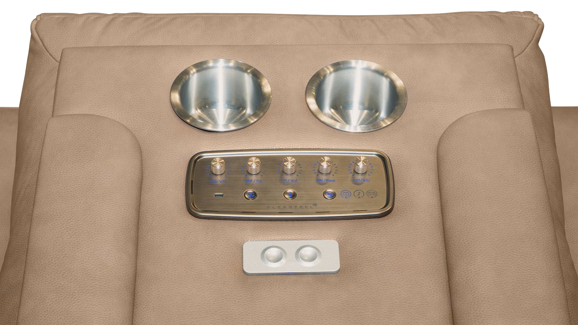 Close-up of a beige upholstered chair back with two metallic cup holders and a control panel with buttons.