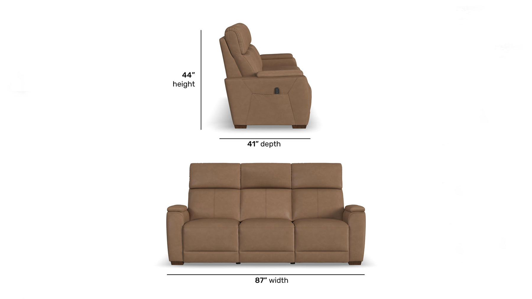 Brown reclining loveseat shown on a white background with dimension callouts indicating 44 inches height, 41 inches depth, and 87 inches width.