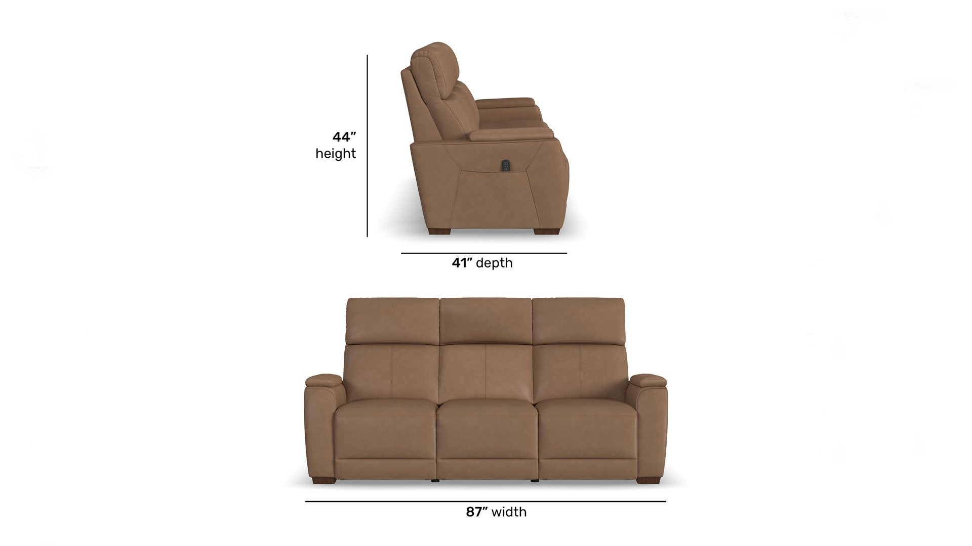 Brown reclining loveseat shown on a white background with dimension callouts indicating 44 inches height, 41 inches depth, and 87 inches width.