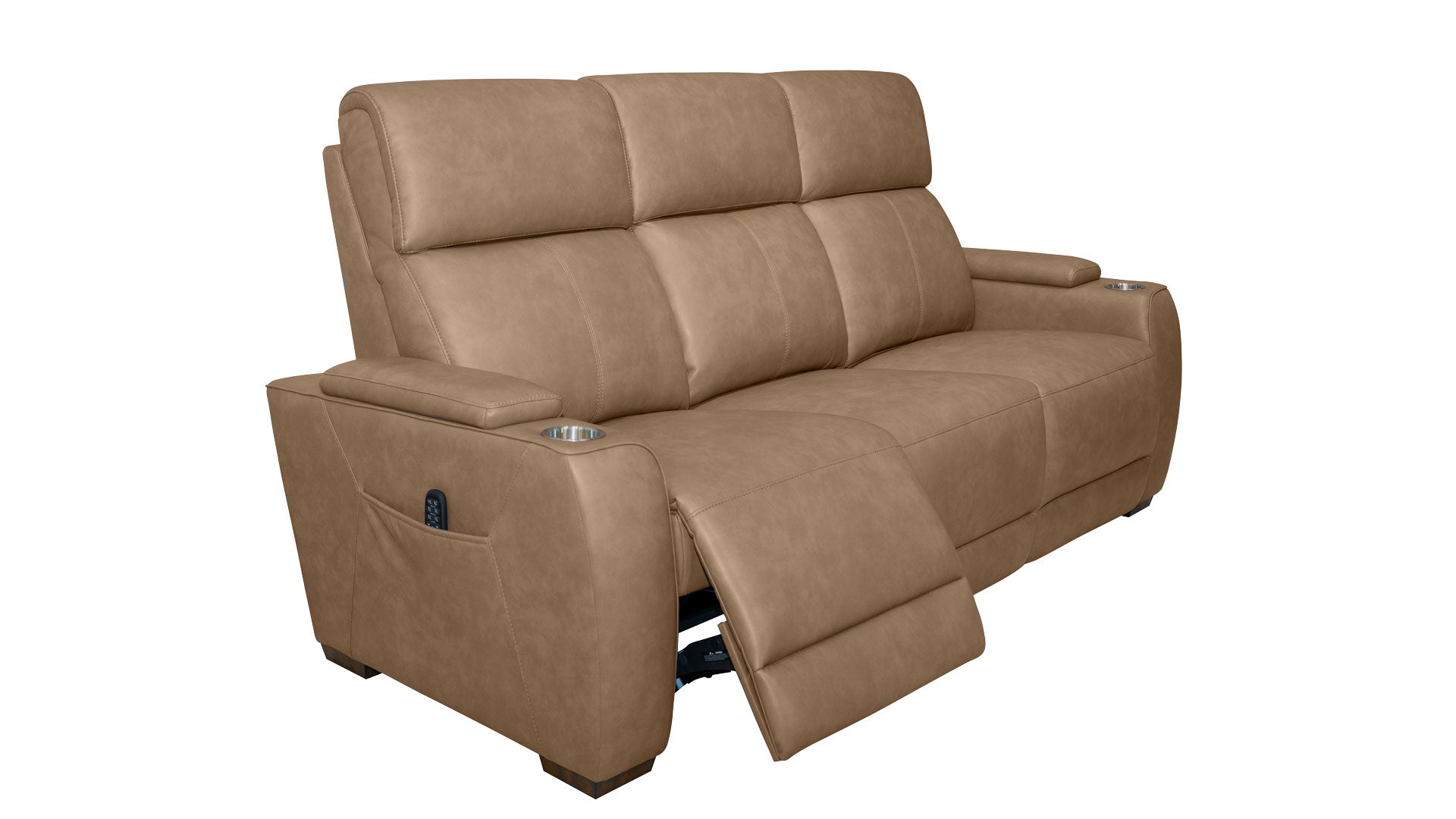 A three-seat reclining sofa in tan faux leather, with the right side reclined to show the extended footrest and cup holder, isolated on a white background.