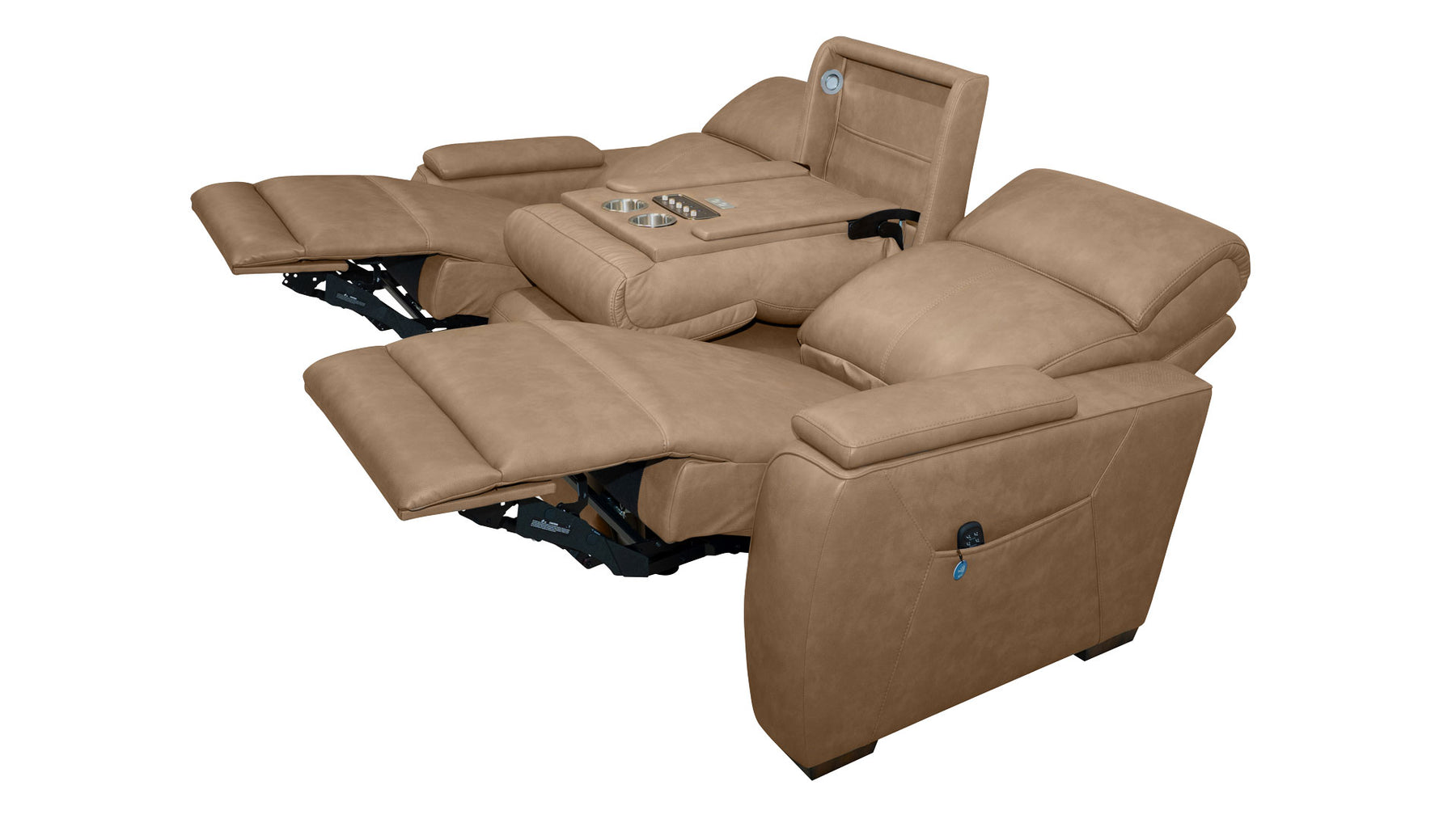 A tan upholstered recliner chair with a matching footrest extended, shown on a plain white background. The chair has padded armrests, a center console with cup holders, and a headrest area with side controls.