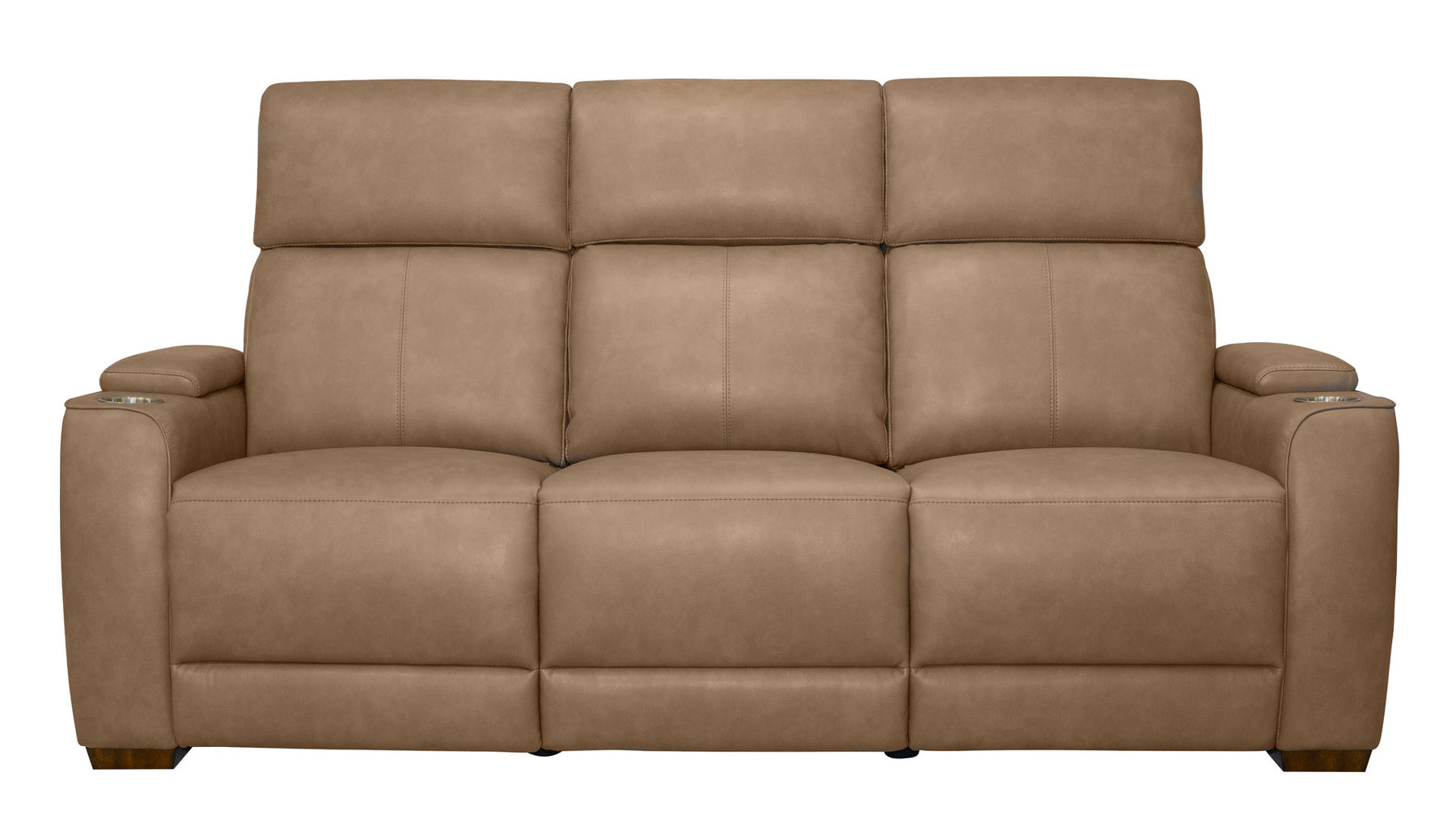 A three-seater power reclining sofa upholstered in a warm taupe-brown faux leather, shown from a front-facing perspective against a plain white background.