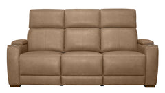 A three-seater power reclining sofa upholstered in a warm taupe-brown faux leather, shown from a front-facing perspective against a plain white background.
