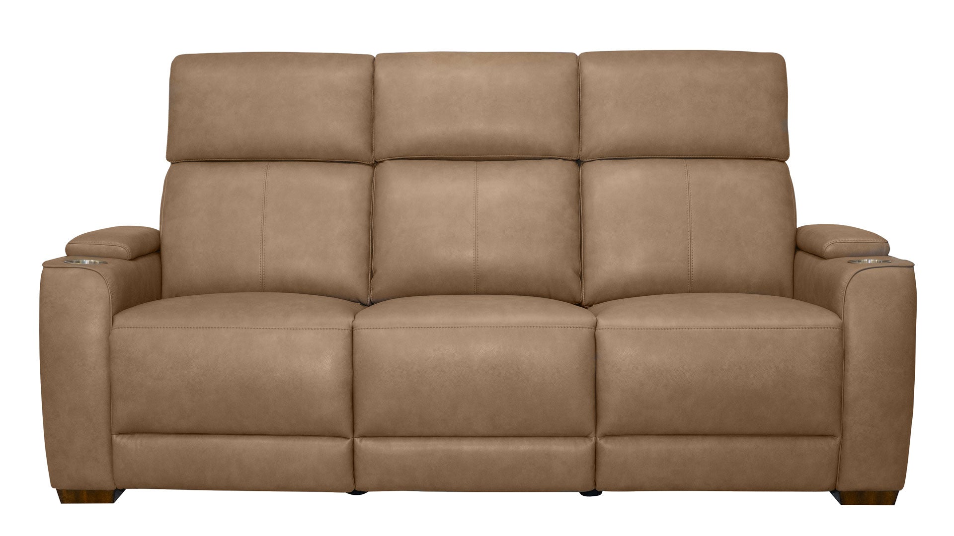 A three-seater power reclining sofa upholstered in a warm taupe-brown faux leather, shown from a front-facing perspective against a plain white background.